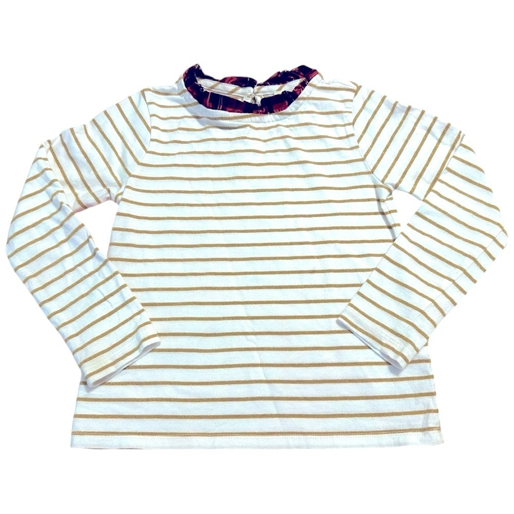 Crewcuts Girls Gold Striped Long Sleeve Top with Plaid Ruffle Neck XS (4-5) - Picture 2 of 6
